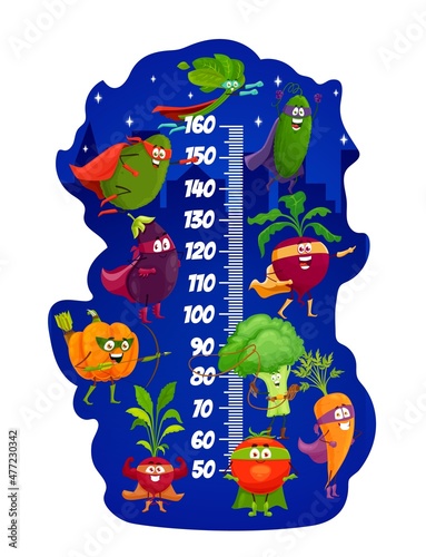 Happy vegetables superhero, kids height chart or growth measure meter ruler with cartoon superhero or defender vegetables, spinach and carrot, broccoli, cucumber and avocado, pumpkin and beet in cape