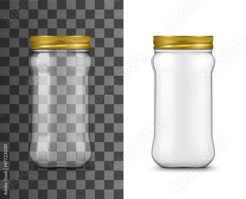 Glass jar, realistic packaging with lid, vector empty isolated on transparent background. Glass jar with screw cap, jam or pickled food glass container package mockup