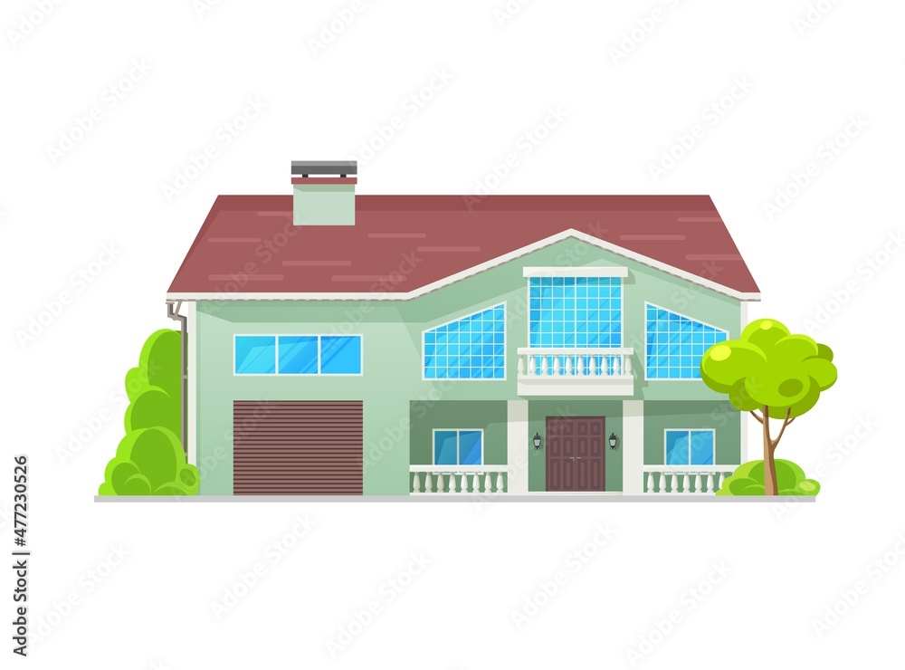 Residential two-storey house building with garage and balcony, vector home facade exterior. Suburban flat apartments or villa building, cottage or village townhouse, real estate architecture