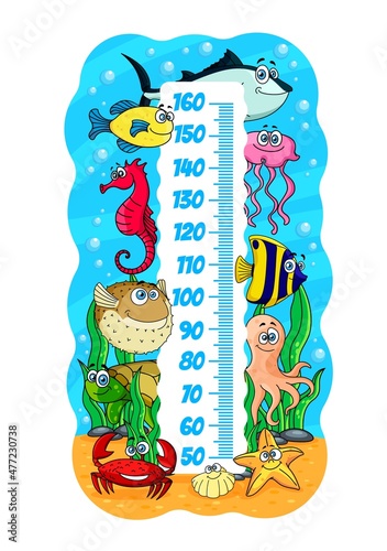 Kids height chart with underwater sea animals and fishes, growth measure meter or baby ruler vector scale with seahorse, sea turtle and ocean octopus, tuna and starfish