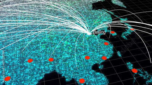 Global connectivity from Beijing, China to other major cities around the world. Technology and network connection, trading and traveling concept. World map element of this clip furnished by NASA