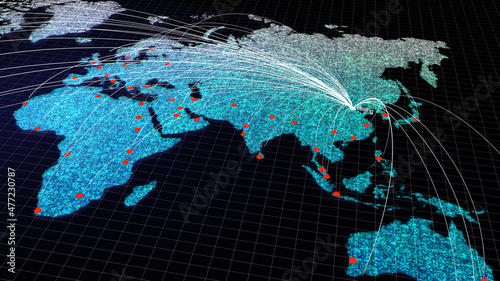 Fototapeta Naklejka Na Ścianę i Meble -  Global connectivity from Beijing, China to other major cities around the world. Technology and network connection, trading and traveling concept. World map element of this clip furnished by NASA