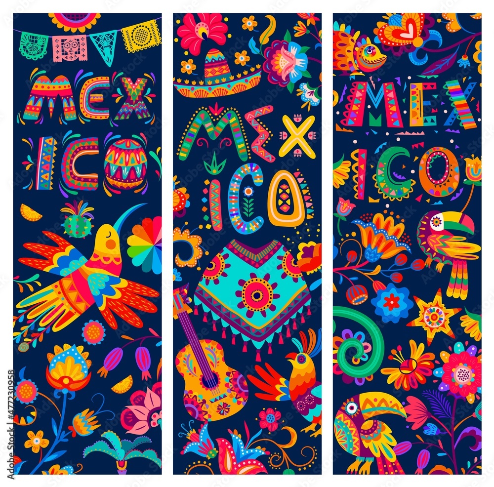 Mexican banners with toucan, parrot and chameleon, hummingbird and poncho, vector. Mexican sombrero, guitar and cactus with floral ornaments of alebrije papercut art pattern of birds and flowers
