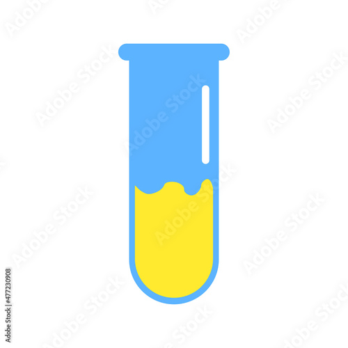Test tube icon. Yellow liquid. Chemistry experience. Biotechnology concept. Line art. Vector illustration. Stock image. 