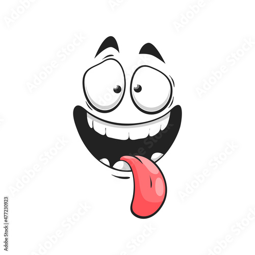 Cartoon stupid face, happy smile vector emoji with open mouth and long sticking tongue. Joyful facial expression with goggle eyes. Funny glad character, positive feelings isolated on white background