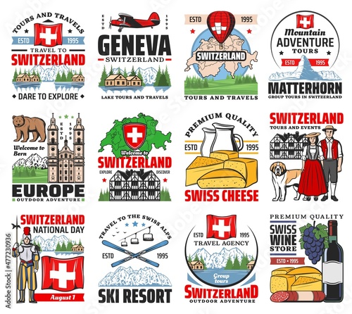 Switzerland travel landmarks icons. Swiss cheese, wine and sausage, Matterhorn peak, ski and lake, people in national clothing, Switzerland flag and St. Bernard dog, Swiss guard, half-timbered house