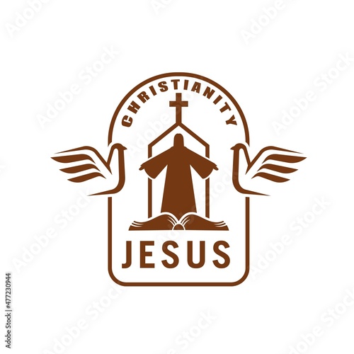 Jesus god icon of Christian religion or church, vector catholic or protestant symbols. Christianity sign of holy bible and crucifix cross of religious community or parish evangelic or orthodox church