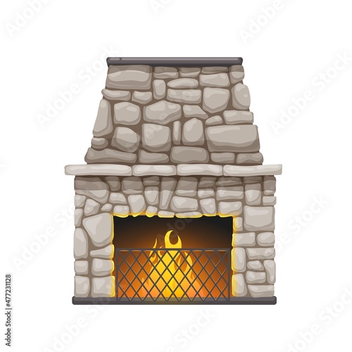 Stone fireplace or fire stove with chimney and burning flames, vector. Modern or classic home fireplace of pebble stones with log wood in fire and mantelpiece, house and room interior furnace