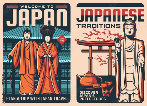Japan culture and religion retro vector posters, Japanese traditions and travel landmarks. Japanese Buddhism pagoda, Tori gate, cherry blossom sakura and geisha in kimono from kabuki theater