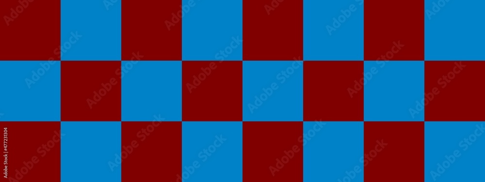 Checkerboard banner. Blue and Maroon colors of checkerboard. Big squares, big cells. Chessboard, checkerboard texture. Squares pattern. Background.