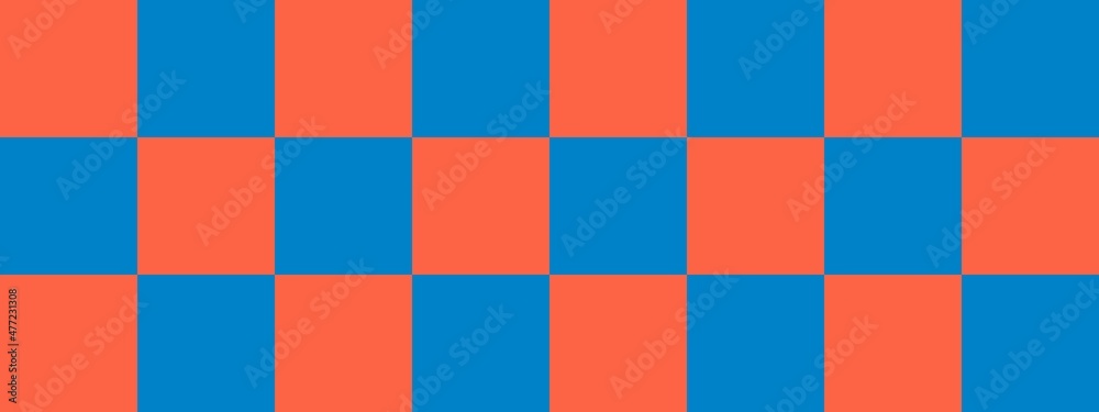 Checkerboard banner. Blue and Tomato colors of checkerboard. Big squares, big cells. Chessboard, checkerboard texture. Squares pattern. Background.