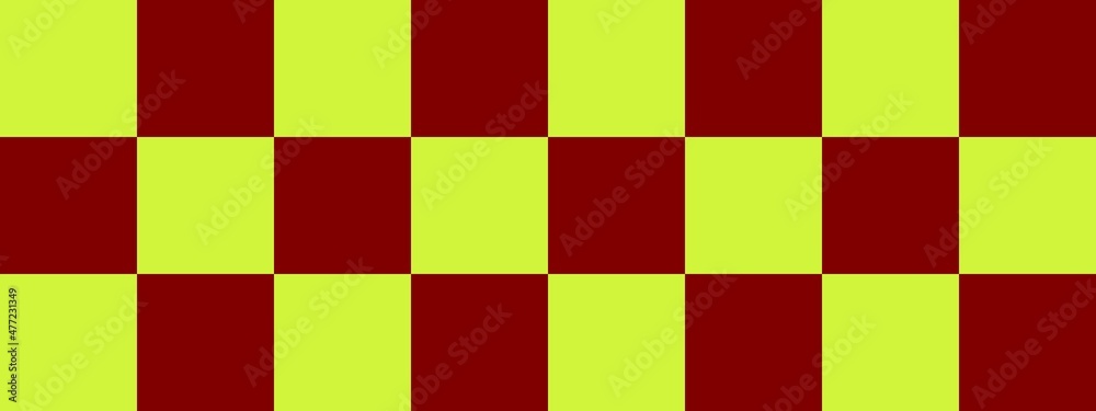 Checkerboard banner. Maroon and Lime colors of checkerboard. Big squares, big cells. Chessboard, checkerboard texture. Squares pattern. Background.