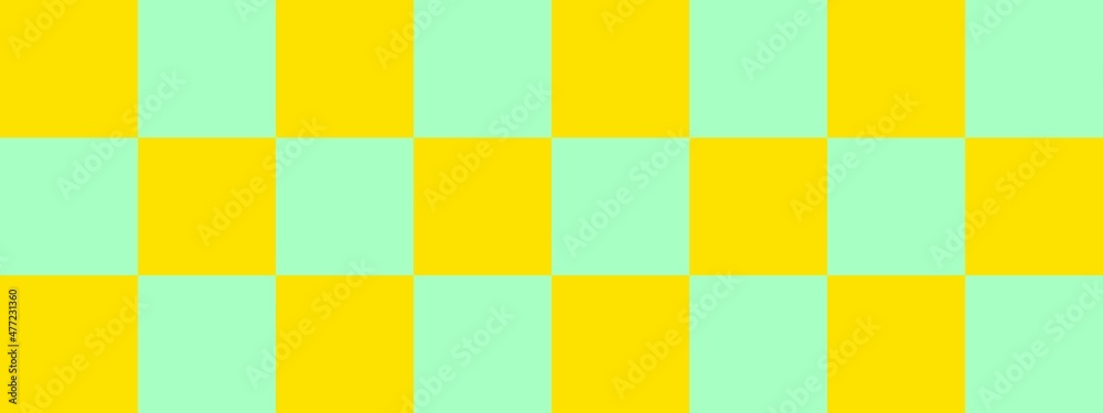 Checkerboard banner. Mint and Yellow colors of checkerboard. Big squares, big cells. Chessboard, checkerboard texture. Squares pattern. Background.