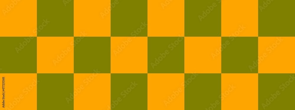 Checkerboard banner. Olive and Orange colors of checkerboard. Big squares, big cells. Chessboard, checkerboard texture. Squares pattern. Background.