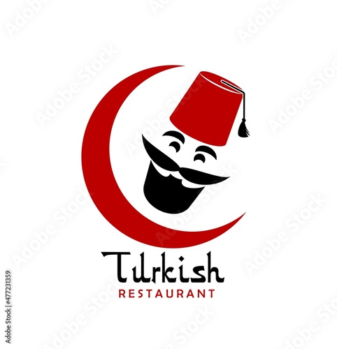 Turkish cuisine chef vector icon of grill food restaurant, cafe or bar. Face of Turkish cook man with black mustache and beard, red fez hat and crescent isolated symbol, emblem or icon photo
