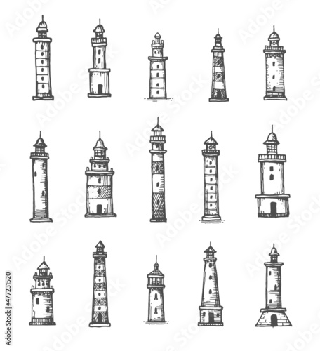 Vintage antique map lighthouse and beacon sketches. Hand drawn vector monochrome light house buildings. Nautical travel, maritime safety and ocean, sea navigation engraved icons