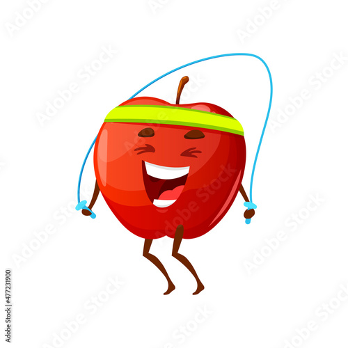 Cartoon apple jumping on rope with band on head isolated happy character sportive fruit workout. Vector summer fruit hobby sport activity, healthy apple active way of life, fitness, sport leisure