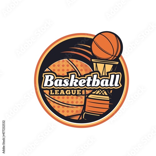 Basketball sport icon, club or team vector icon. Basketball and streetball game tournament or championship emblem with basketball ball and victory cup