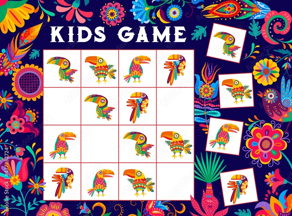 Kids sudoku game worksheet. Mexican toucan birds, feathers and flowers, vector puzzle. Kids tabletop sudoku riddle or board game with mexican birds, cactus and flowers to find and match