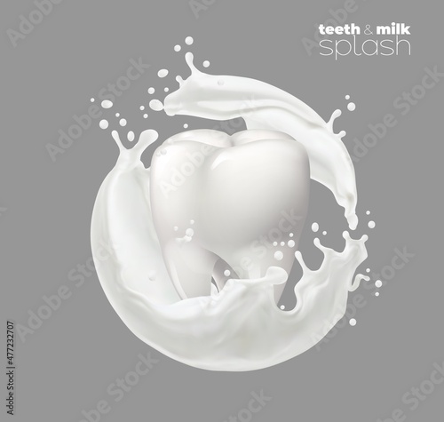 Tooth with white milk or yogurt splash round swirl with drops, realistic vector. White teeth and calcium drink in milky wave, dairy food product for healthy dental care, milk splatter in whirl