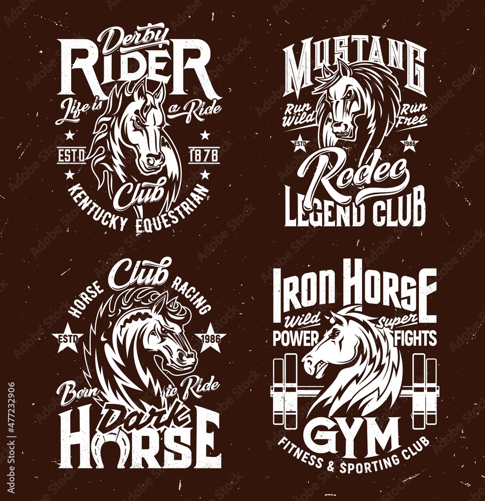 Fototapeta premium Tshirt prints with horse stallion heads, equestrian sport, racing and fitness club vector mascots. Mare animal, horse and typography on brown grunge background. Bronco sports team t shirt prints set
