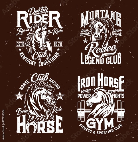 Tshirt prints with horse stallion heads, equestrian sport, racing and fitness club vector mascots. Mare animal, horse and typography on brown grunge background. Bronco sports team t shirt prints set