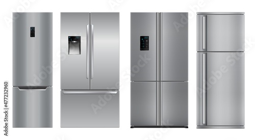 Realistic modern kitchen refrigerators, isolated fridge machine, freezer. Vector kitchen 3d appliance with digital display and dispenser for water, gray colored metal devices front view photo