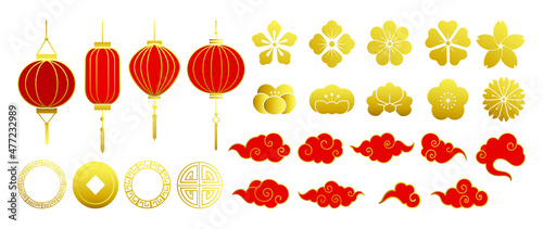 Chinese New Year Icons vector set. Chinese paper lantern and red lamp isolated icons of Asian Lunar New Year holiday decoration vector. Oriental culture tradition illustration. 