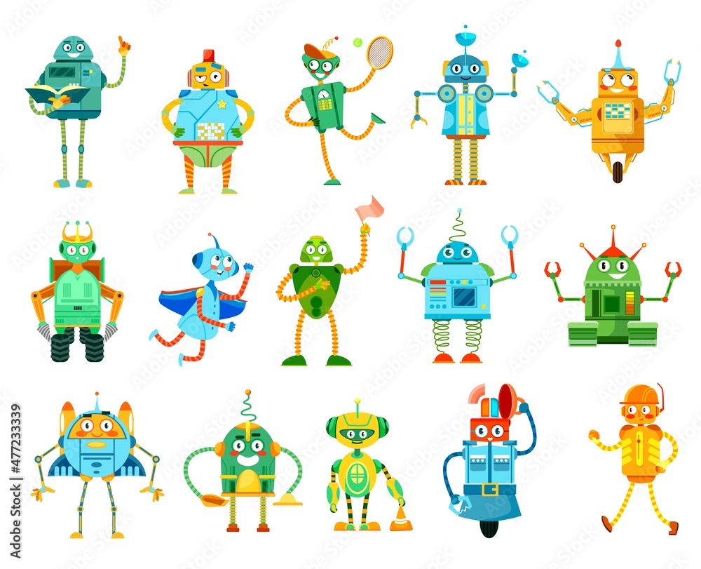 Cartoon robots and droids characters. Funny robotic teacher, builder and cleaner, police droid vector mascots. Cute androids, cyborgs with antennas, claws and drills on hands, spring and wheel legs Cartoon robots and droids characters. Funny robotic teacher, builder and cleaner, police droid vector mascots. Cute androids, cyborgs with antennas, claws and drills on hands, spring and wheel legs