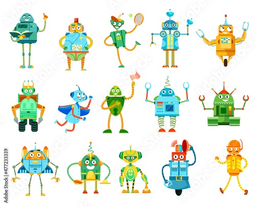 Cartoon robots and droids characters. Funny robotic teacher, builder and cleaner, police droid vector mascots. Cute androids, cyborgs with antennas, claws and drills on hands, spring and wheel legs