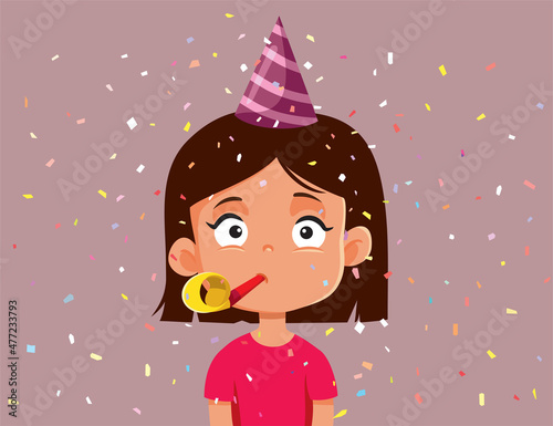 Little Girl Celebrating with Party Blower Vector Cartoon