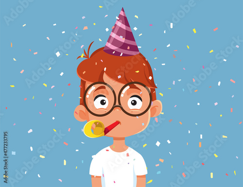 Little Boy Celebrating with Party Blower Vector Cartoon