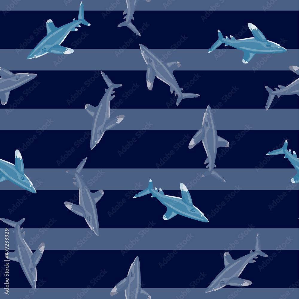 Oceanic whitetip shark seamless pattern in scandinavian style. Marine animals background. Vector illustration for children funny textile. Oceanic whitetip shark seamless pattern in scandinavian style. Marine animals background. Vector illustration for children funny textile.