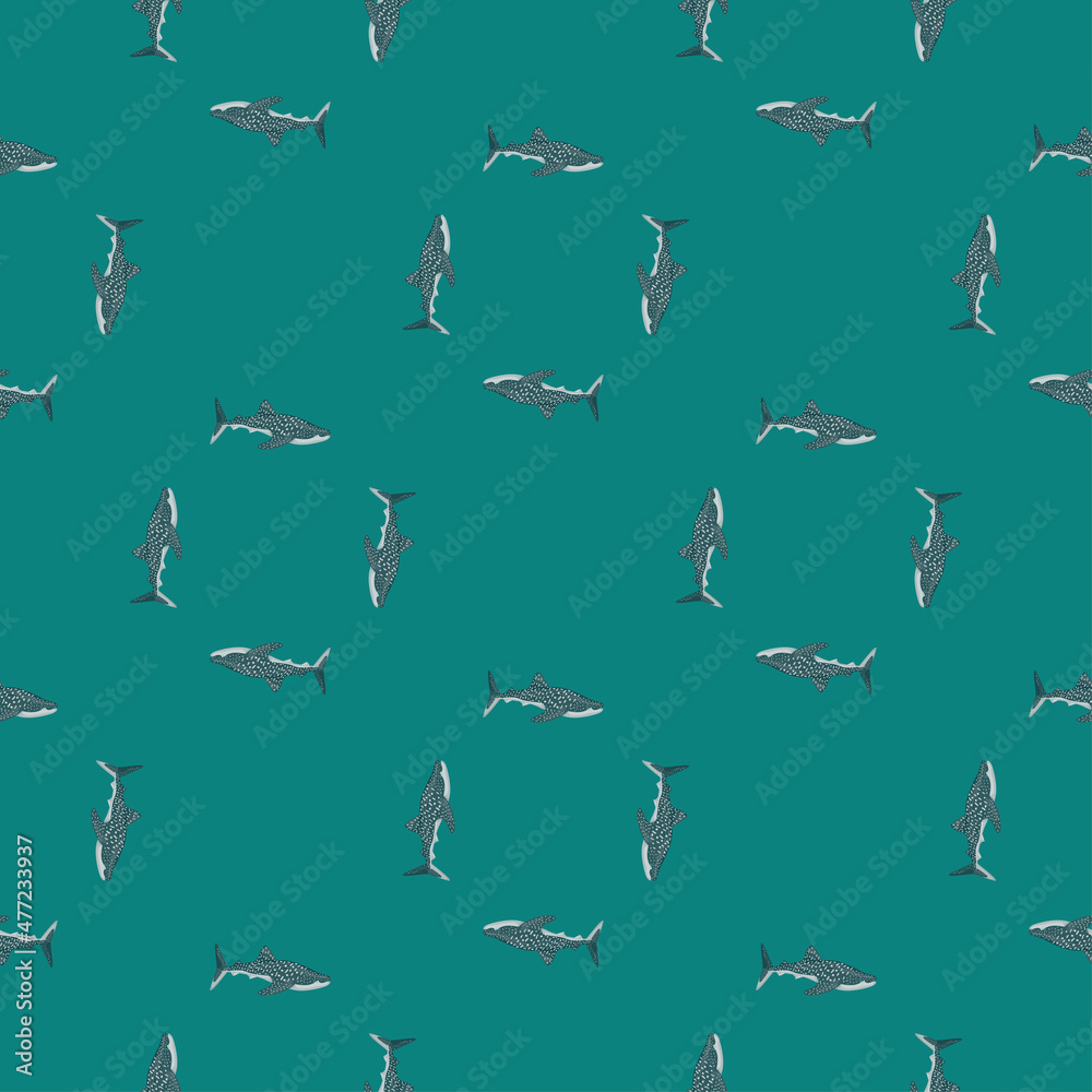 Obraz premium Whale shark seamless pattern in scandinavian style. Marine animals background. Vector illustration for children funny textile.