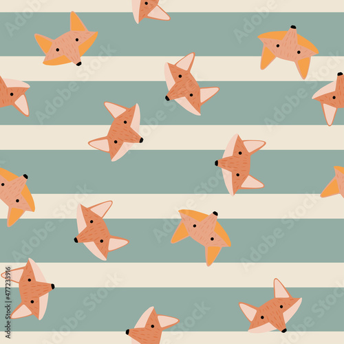 Fox pattern seamless in freehand style. Head animals on colorful background. Vector illustration for textile.