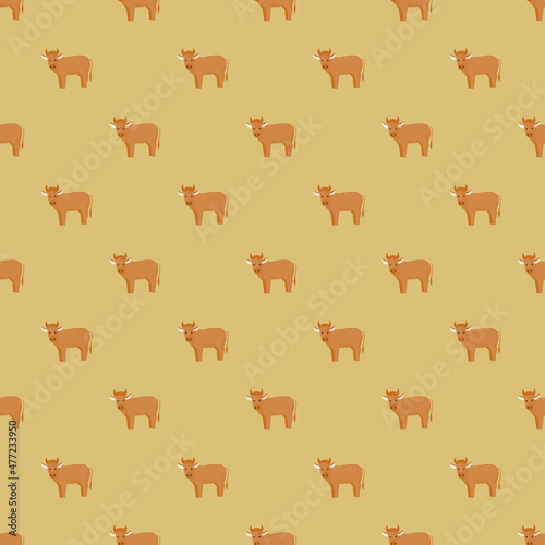 Seamless pattern of bull. Domestic animals on colorful background. Vector illustration for textile.