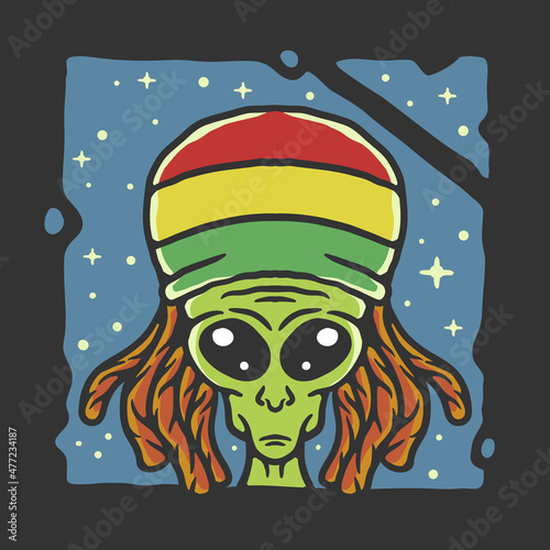 illustration of alien wearing reggae attribute in vintage style