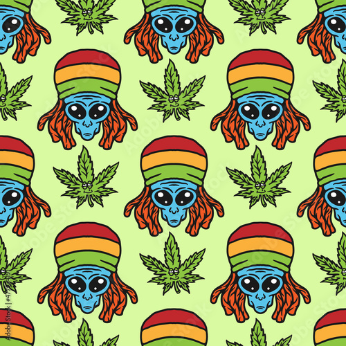 seamless pattern of alien wearing reggae attribute in vintage style and cannabis leaf