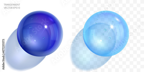 Set of blue glass beads. Two epoxy resin balls. 3d realistic vector drops with transparency. Homemade crystal spheres casting light shadows. Smooth and glossy blobs of water, gel, diluted paint