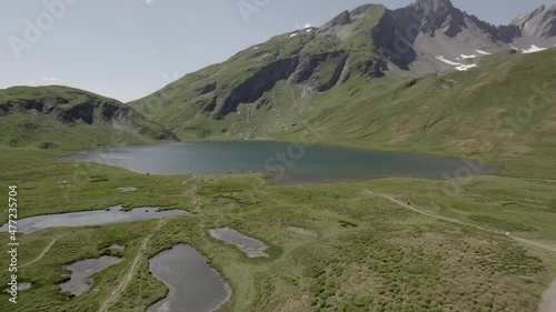 revers and bird's eye view plane
with drone video flying lake verney with people enjoying a nice sunday photo