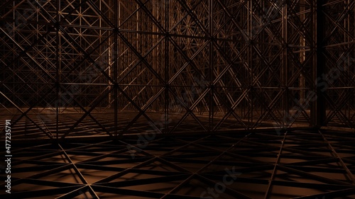 Abstract metal steel shape  with lighting in dark scene 3D rendering wallpaper backgrounds