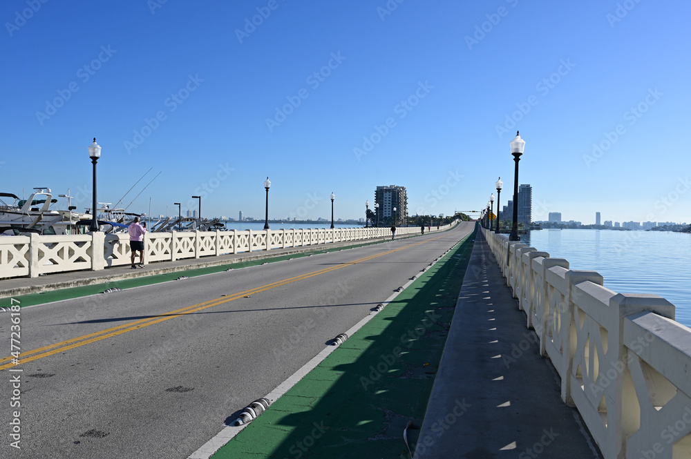 Venetian Causeway between Miami and Miami Beach, Florida on calm clear sunny winter morning.