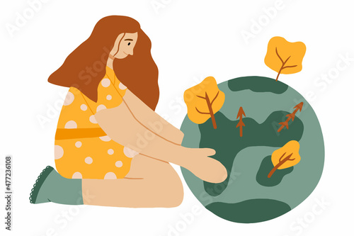 Vector illustration of a girl taking care of the planets. The girl hugs the planet. Save the planet concept.