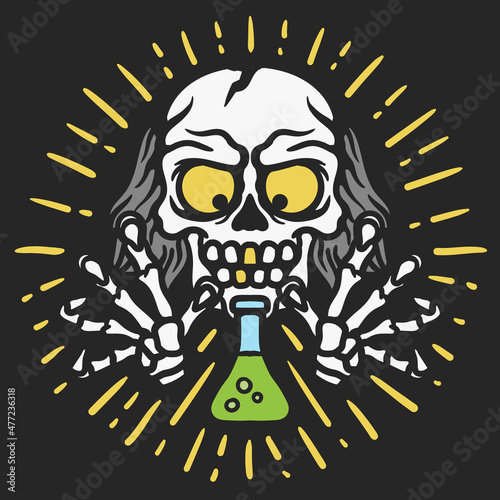 illustration of crazy skull scientist with hand gripping erlenmeyer flask