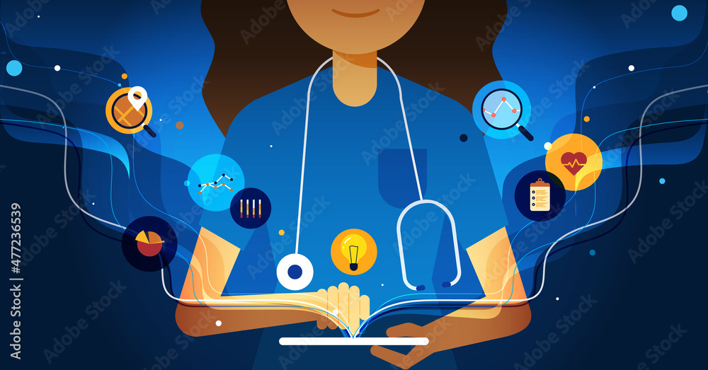 Ilustración de enfermera revisando en línea datos útiles de pacientes a través de un dispositivo móvil.  - obrazy, fototapety, plakaty 