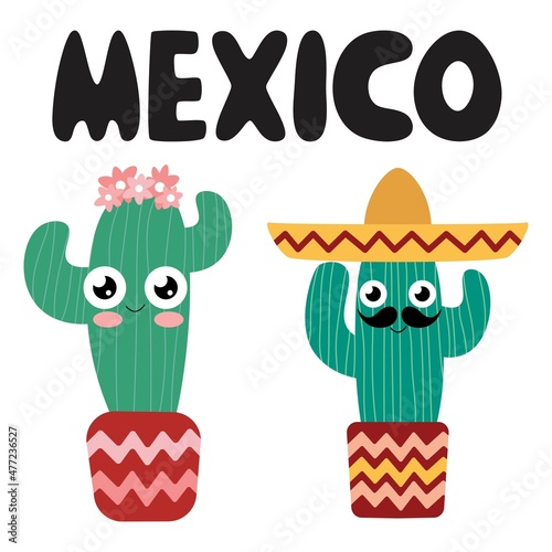 Two cute cartoon cactus characters greet in Mexico vector illustration. Simple happy cactus-girl and cactus-man and lettering Mexico white isolated. Set of two smiling succulents characters vector