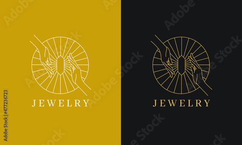 Vector Boho Logo, Icons and Symbols of Hand, Jewelry, and sun. Minimalist Luxury design template. For cosmetics, beauty, tattoo, Spa, manicure, jewelry store, spiritual, meditation