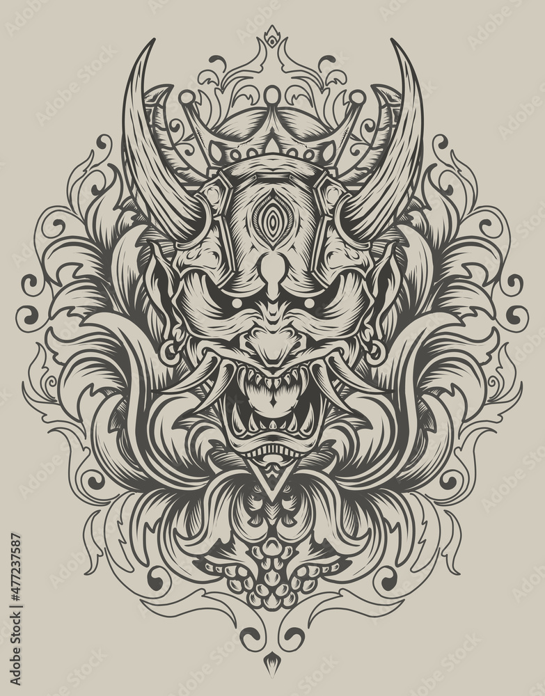 illustration oni mask with snake and engraving ornament