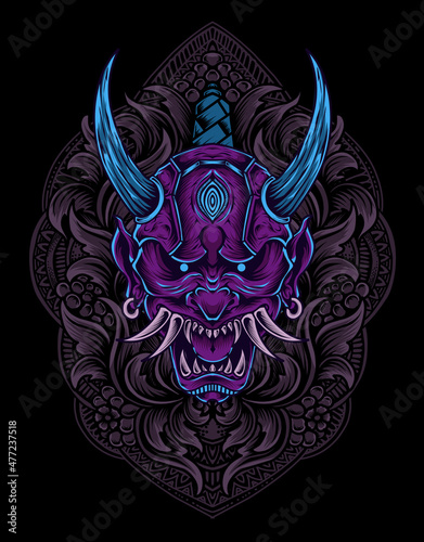 illustration oni mask with snake and engraving ornament