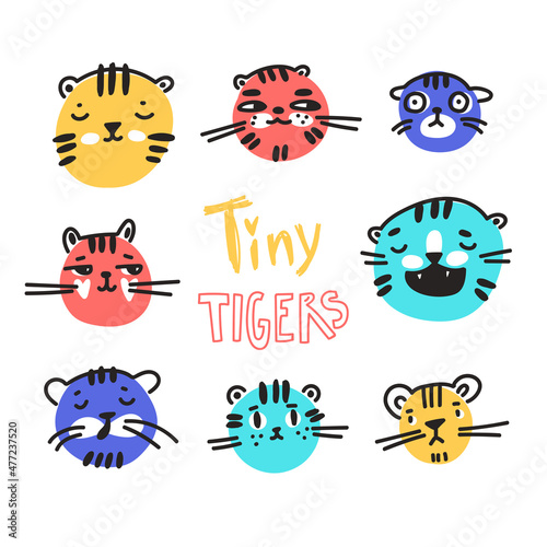 Cute funny cartoon tigers in naive kid drawn style. Collection of emoji. Tiny animal muzzles.